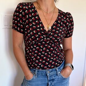 Paul & Joe Black Floral Print Silk Blouse